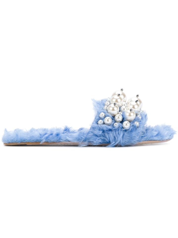 Miu Miu Faux Pearl Embellished Slippers - Blue