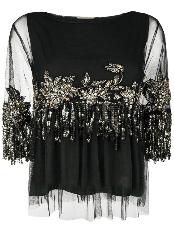 Semicouture Jewel Embroidered Tulle Top - Black
