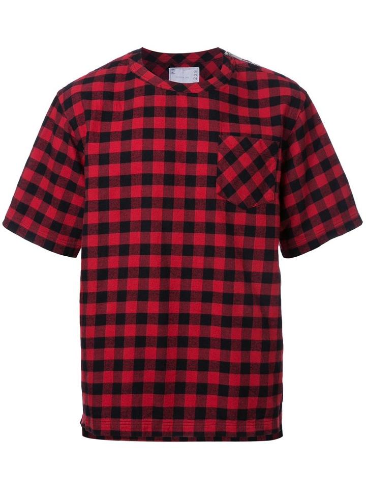 Sacai Plaid T-shirt, Men's, Size: 3, Red, Cotton