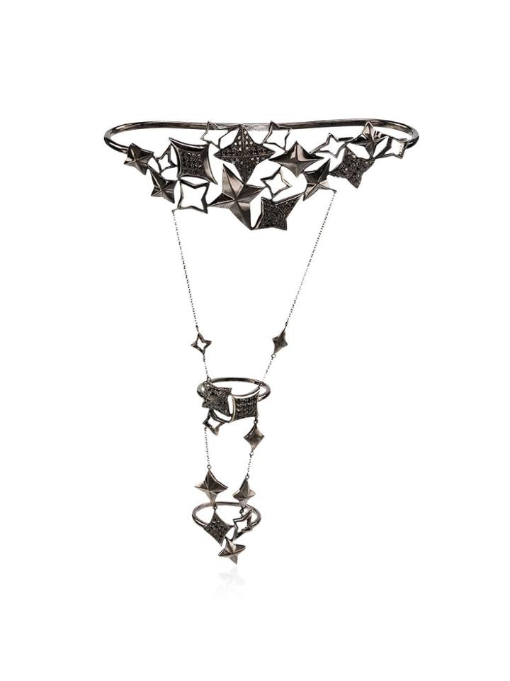 Gaydamak Oxidised Gold And Diamond Star Hand Bracelet - Black