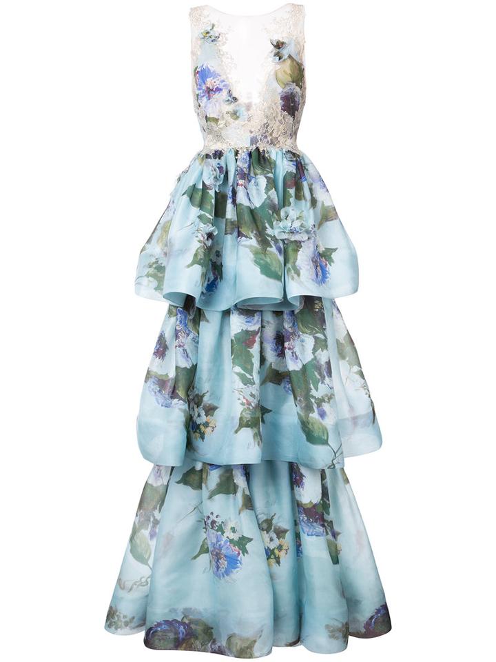 Marchesa - Floral Patterned Layered Gown - Women - Silk - 10, Blue, Silk