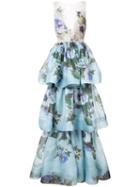 Marchesa - Floral Patterned Layered Gown - Women - Silk - 10, Blue, Silk