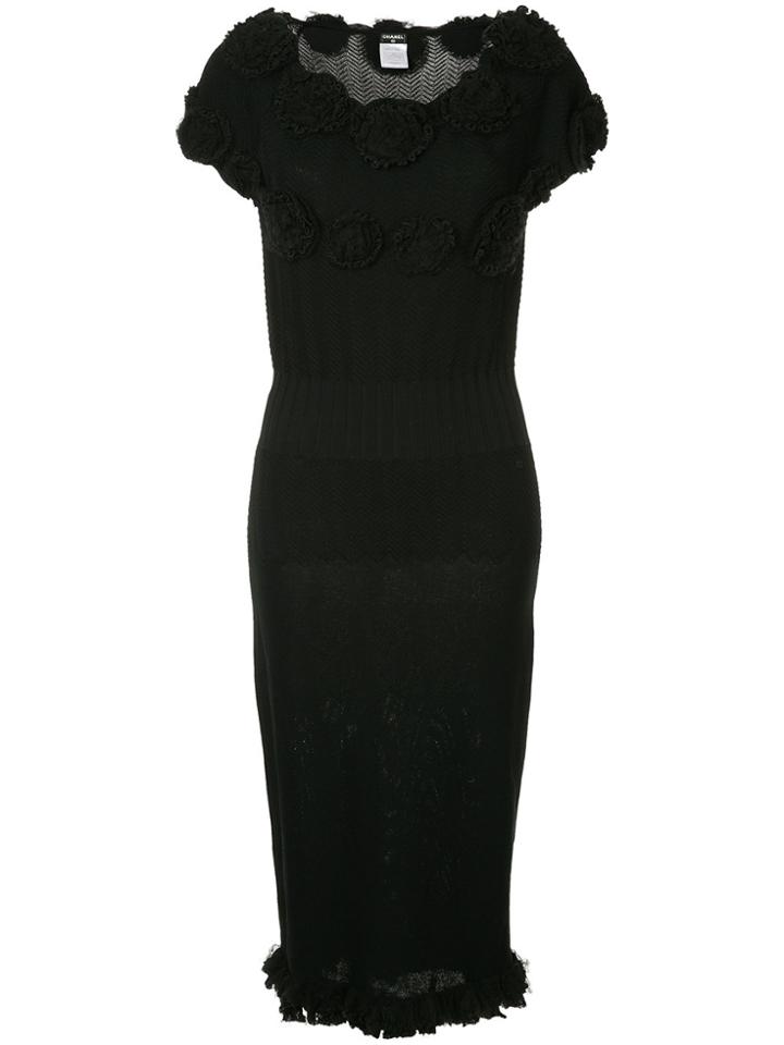 Chanel Vintage Floral Appliquée Frayed Dress - Black
