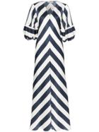 Lee Mathews Ingrid Chevron Stripe Pouf Sleeve Silk Maxi Dress - Blue