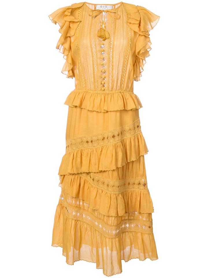 Sea Asymmetric Crochet Ruffle Sleeve Dress - Yellow & Orange
