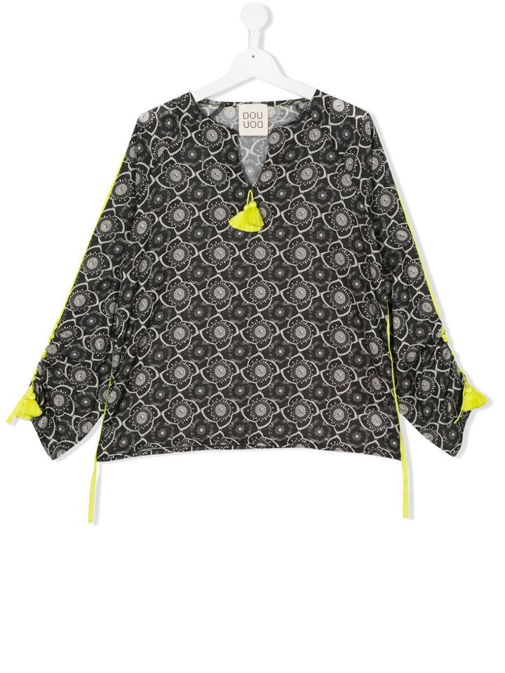 Douuod Kids Teen Tasselled Floral Blouse - Black