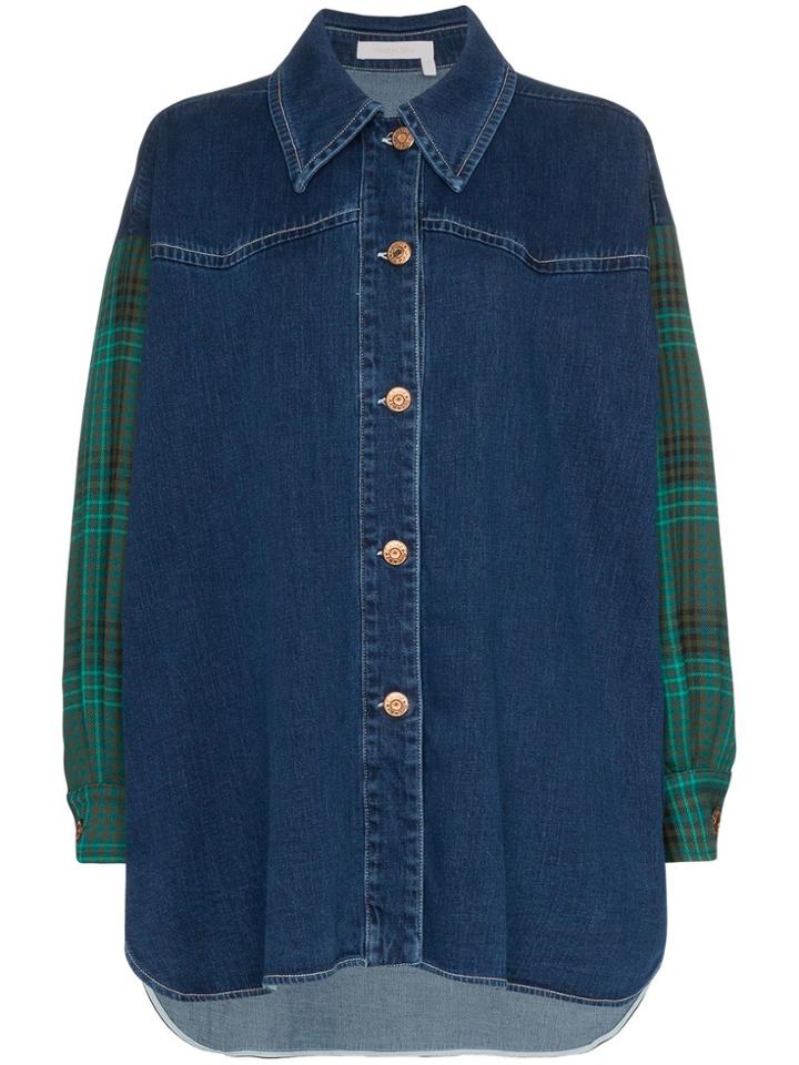 See By Chloé Plaid Panelled Denim Shirt - Blue