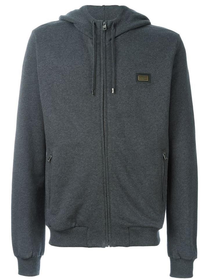 Dolce & Gabbana Zip Hoodie, Men's, Size: 46, Grey, Cotton/calf Leather/brass