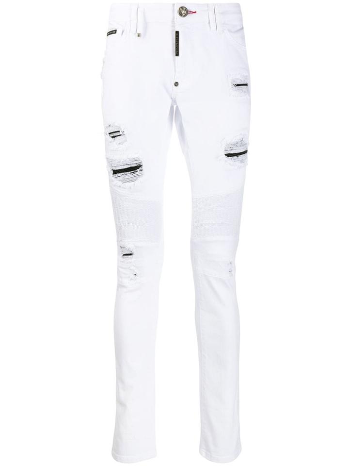 Philipp Plein Distressed Biker Skinny Jeans - White