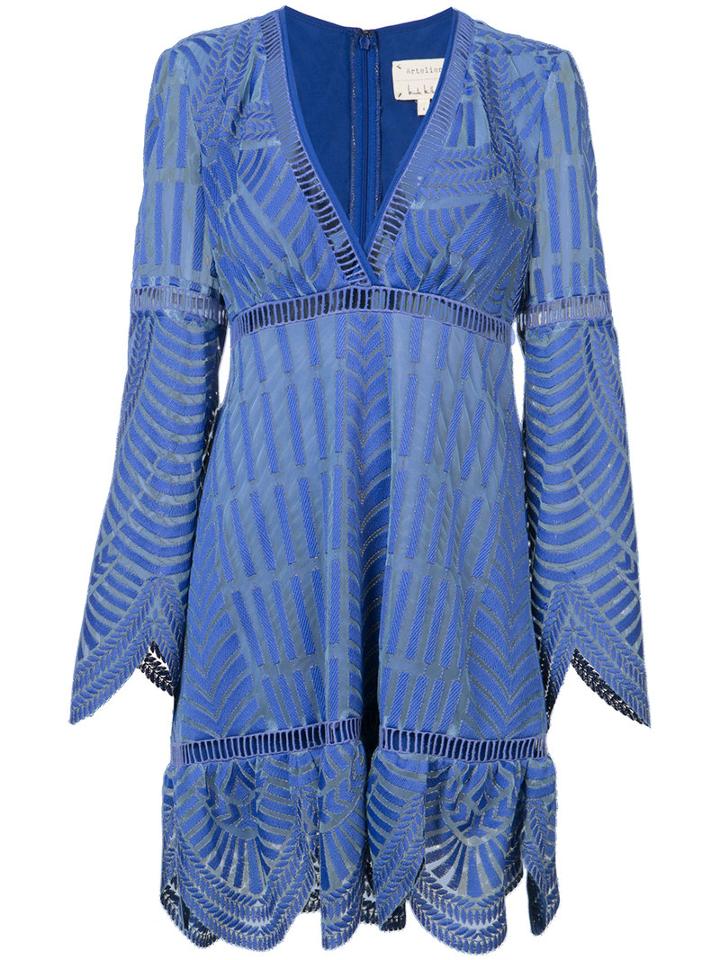 Scalloped V-neck Dress - Women - Polyester - 12, Blue, Polyester, Nicole Miller