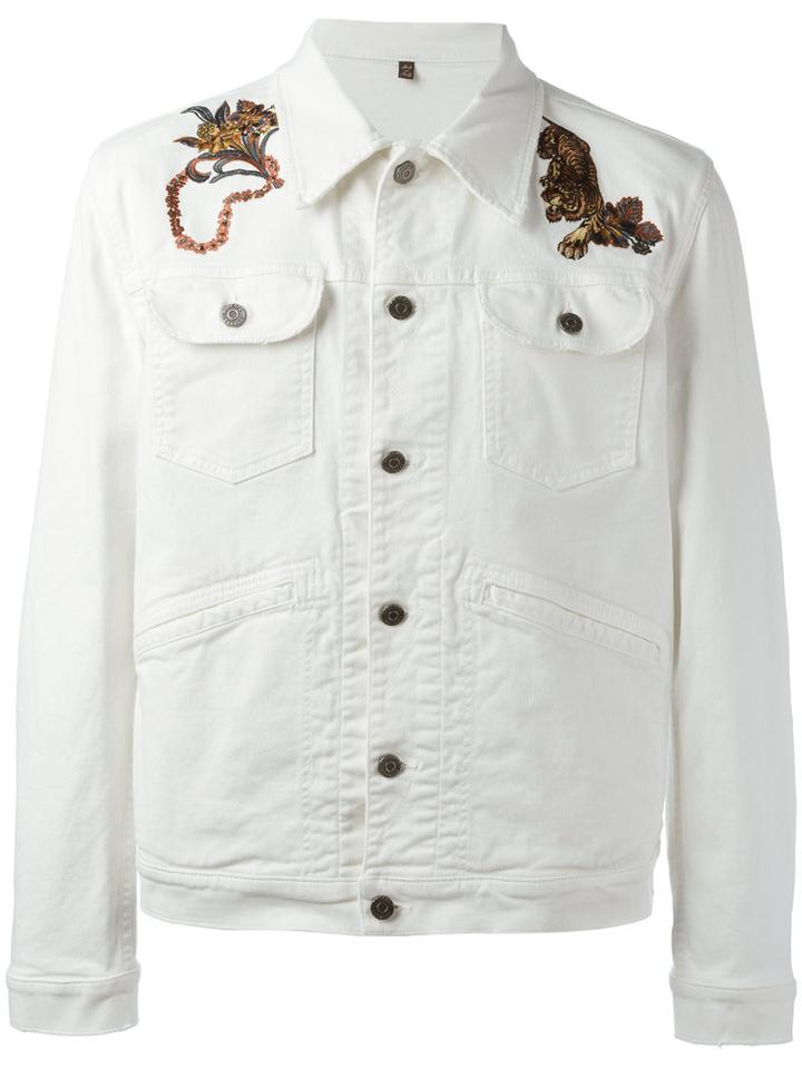 Roberto Cavalli Embroidered Tiki Tiger Denim Jacket, Men's, Size: 48, White, Cotton/spandex/elastane/polyester