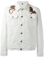 Roberto Cavalli Embroidered Tiki Tiger Denim Jacket, Men's, Size: 48, White, Cotton/spandex/elastane/polyester