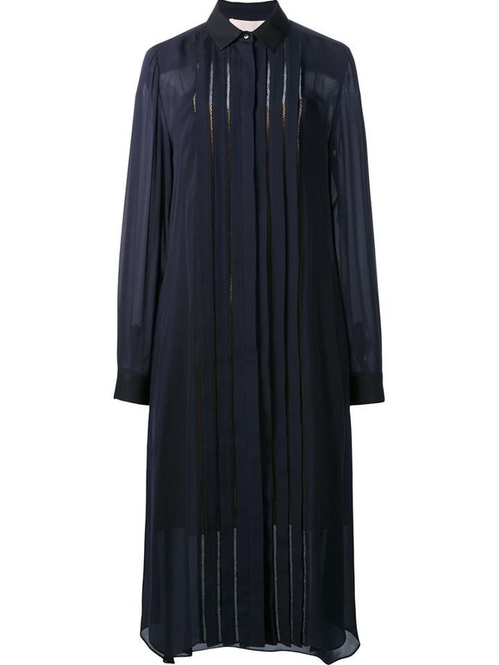 Carolina Herrera Longsleeved Pintuck Shirt Dress, Women's, Size: 10, Blue, Silk