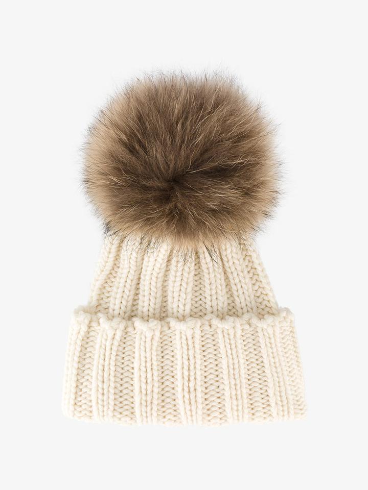 Inverni Racoon Fur Bobble Hat, Women's, Nude/neutrals, Cashmere/racoon Fur