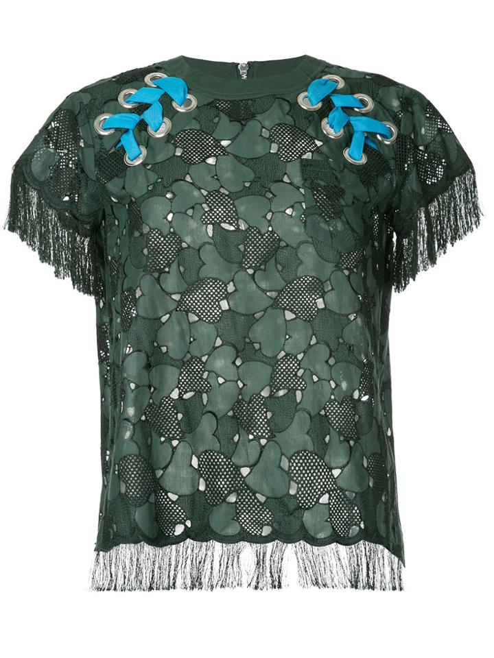 Sacai Embroidered Laced Shoulder T-shirt - Green
