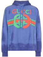 Gucci Logo Print Hooded Cotton Jumper - Blue