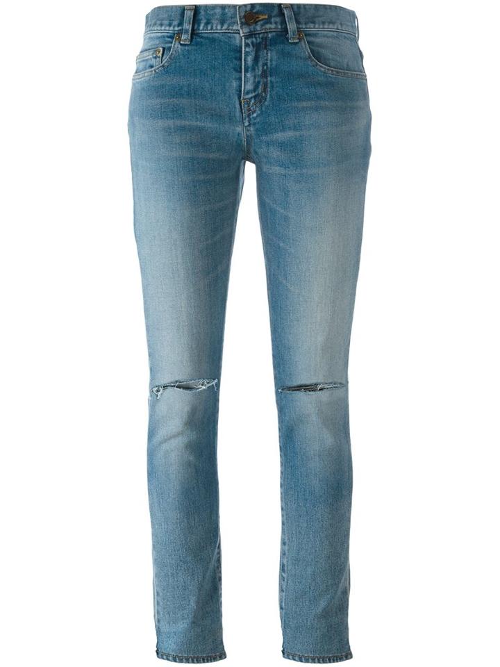 Saint Laurent Distressed Skinny Fit Jeans, Women's, Size: 28, Blue, Cotton/spandex/elastane