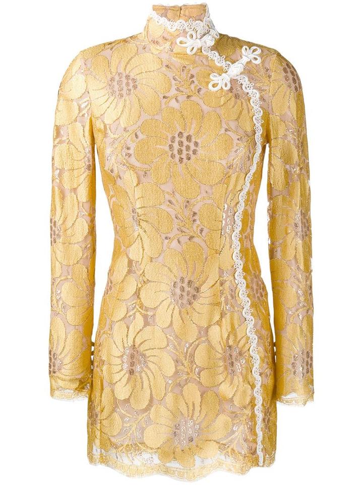 Alessandra Rich Flower Embroidered Mini Dress, Women's, Size: 40, Yellow/orange, Rayon/lurex/nylon/silk