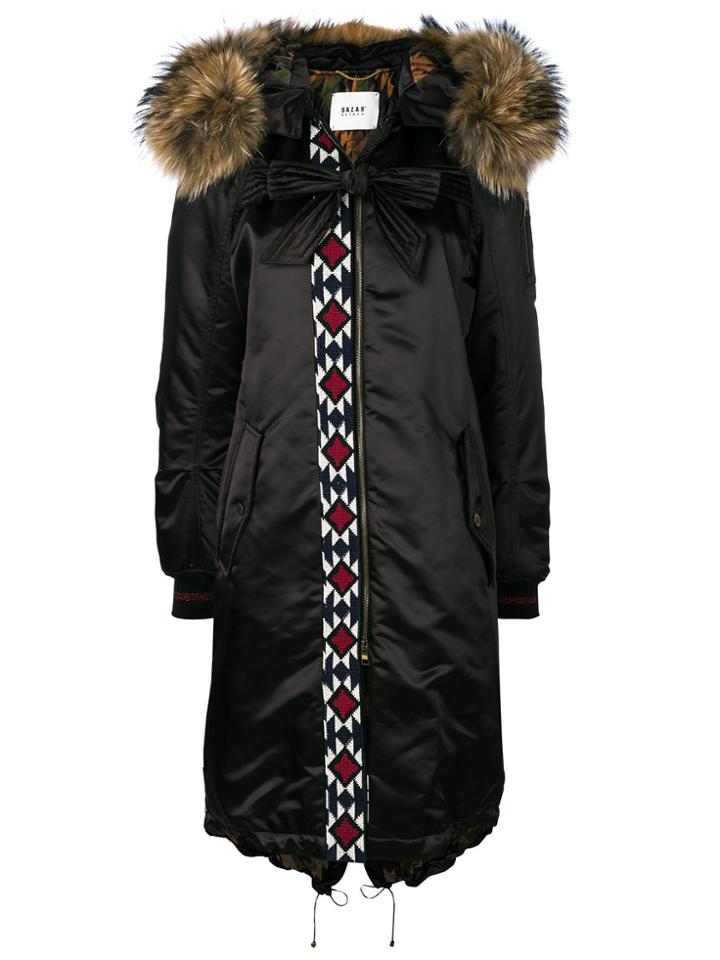 Bazar Deluxe Embroidered Detail Fur Trimmed Parka Coat - Black
