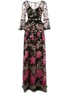 Marchesa Notte 3/4 Floral Embroidered Gown - Black