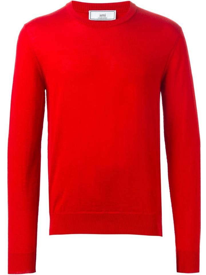 Ami Alexandre Mattiussi Crew Neck Jumper, Men's, Size: Medium, Red, Wool