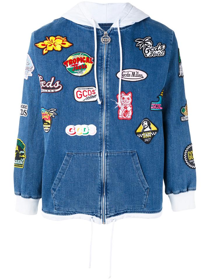Gcds - Patch Embellished Denim Hoodie - Unisex - Cotton - Xs, Blue, Cotton