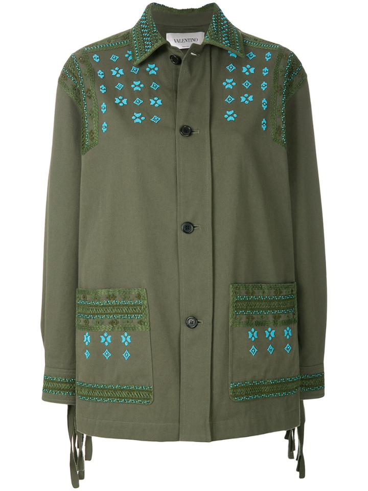 Valentino Embroidered And Fringe Detailed Jacket - Green