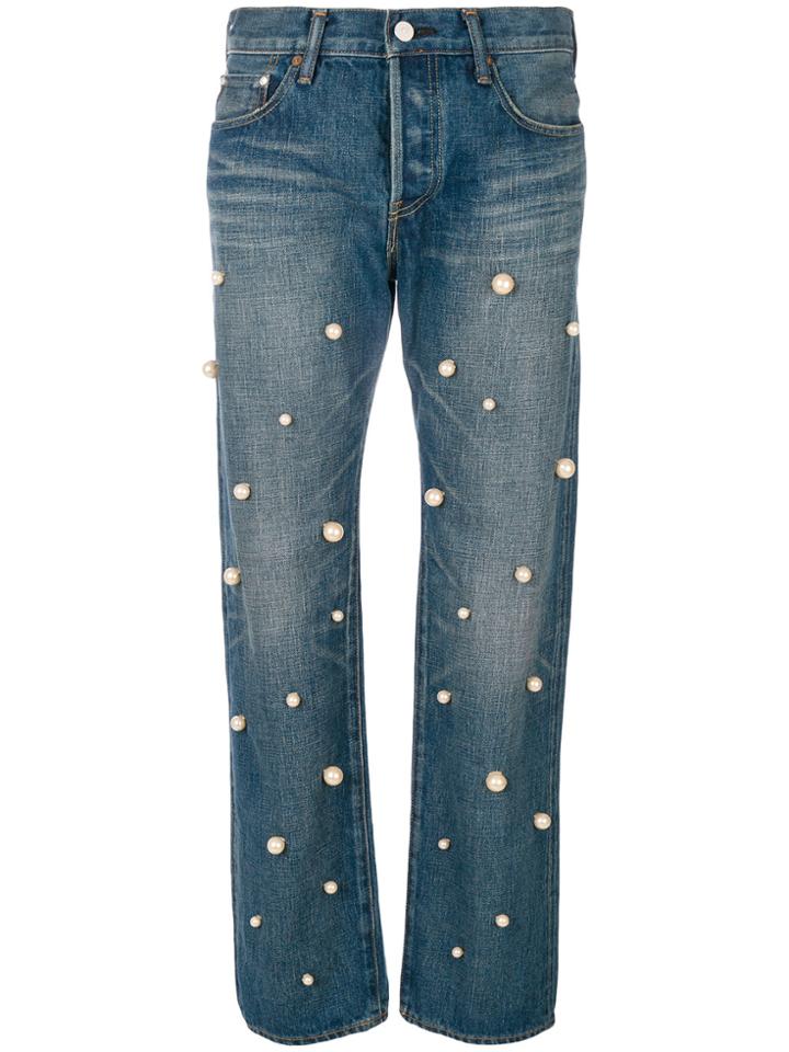 Tu Es Mon Trésor Pearl Embellished Jeans - Blue