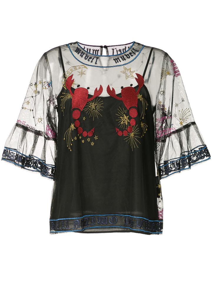 Muveil Embroidered Mesh Blouse - Black