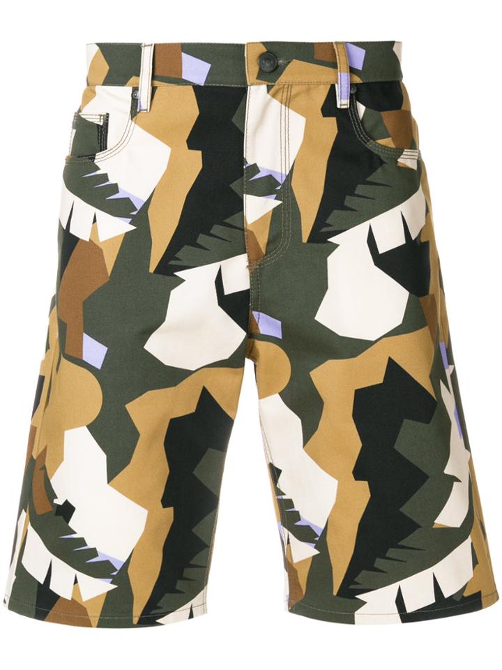 Msgm Camouflage Print Denim Shorts - Green
