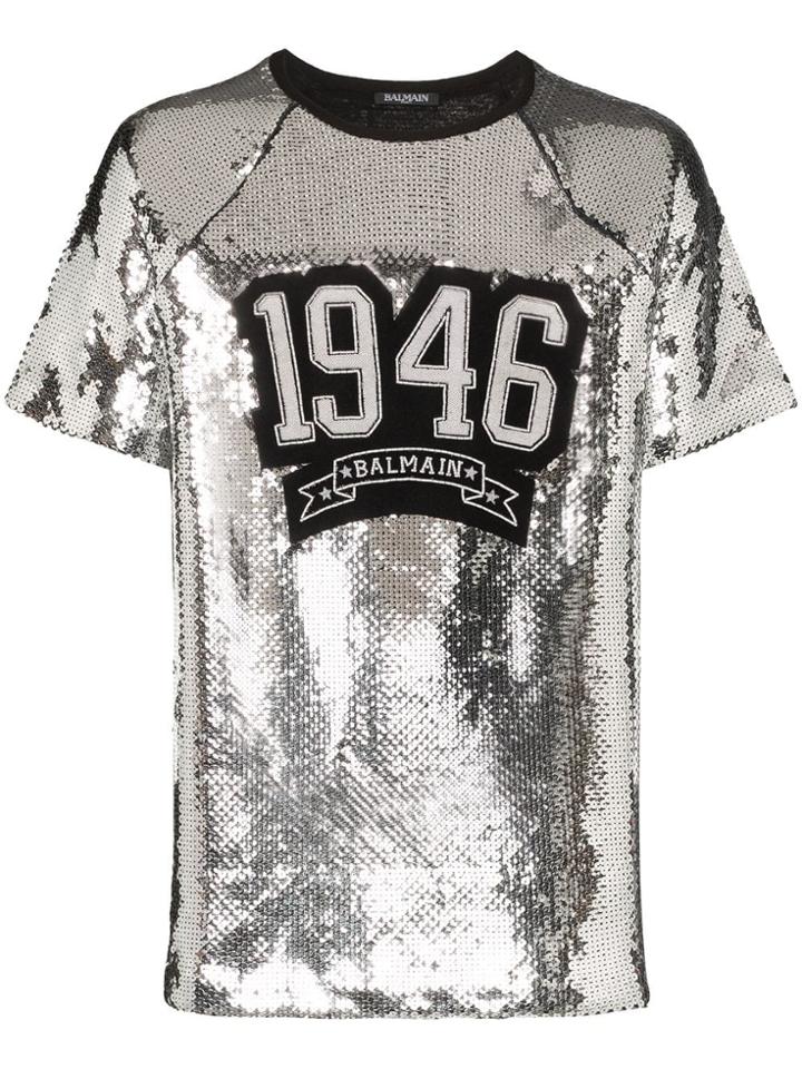 Balmain Sequin-embellished Logo T-shirt - Silver