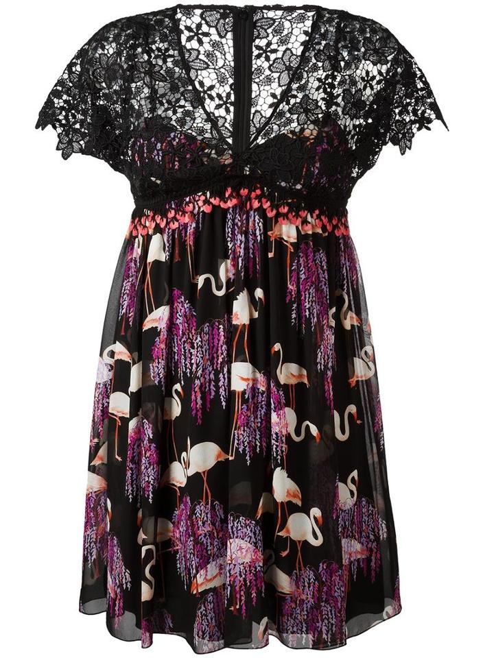 Giamba Flamingos Print Pleated Dress, Women's, Size: 44, Black, Silk/polyester