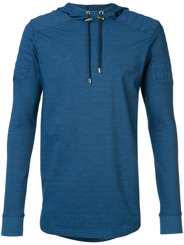 Balmain Biker Patch Logo Hoodie, Men's, Size: Medium, Blue, Cotton/spandex/elastane