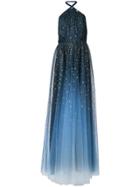 Marchesa Notte Ombré Glitter Tulle Halter Gown - Blue