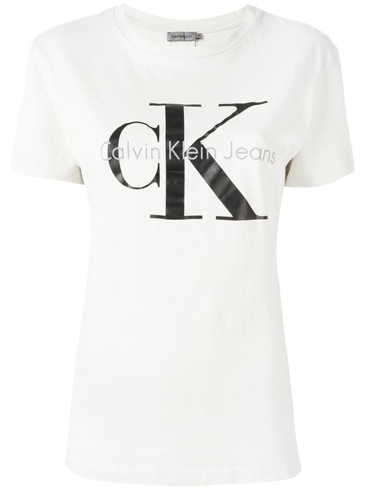 Calvin Klein Jeans Logo Print T-shirt, Women's, Size: Medium, Nude/neutrals, Cotton