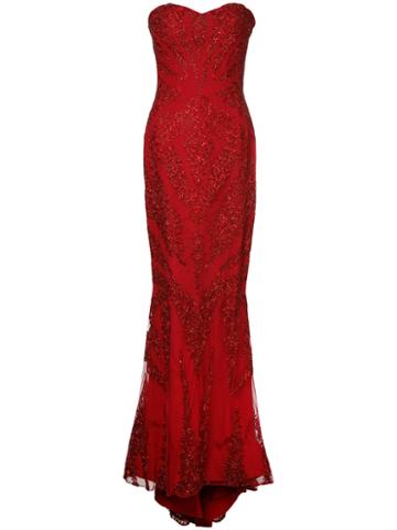 Mikael D. Strapless Embroidered Gown, Women's, Size: 40, Red, Silk