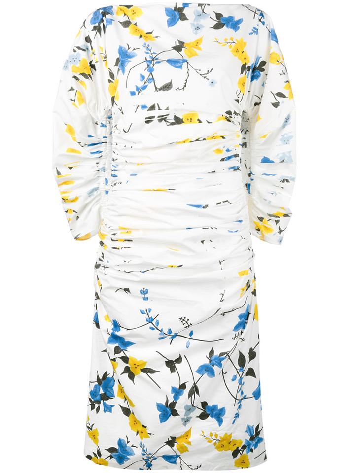 Salvatore Ferragamo - Ruched Floral Print Dress - Women - Silk/cotton/acetate - 42, White, Silk/cotton/acetate