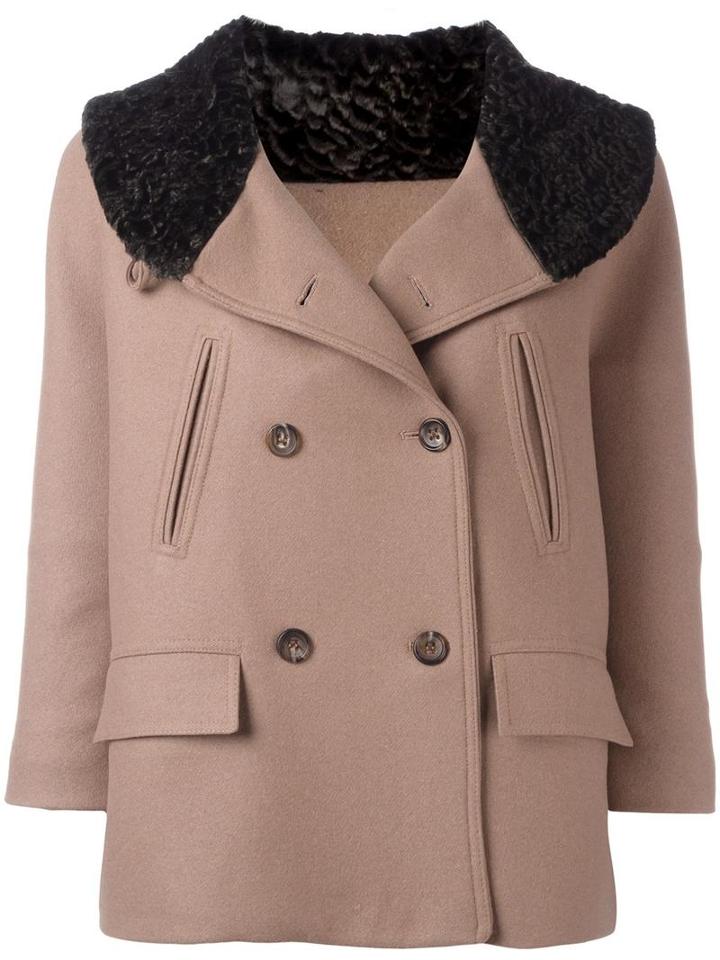 Alberto Biani Fur Effect Collar Peacoat, Women's, Size: 38, Brown, Virgin Wool/polyamide/viscose/acetate