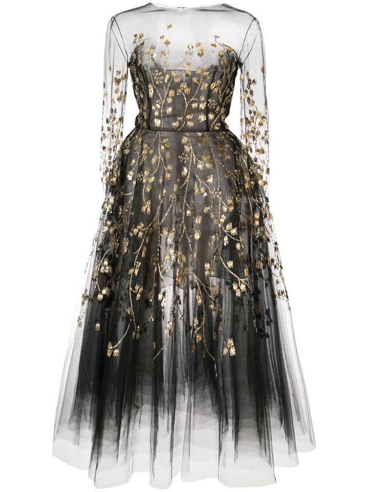 Oscar De La Renta Floral Embroidery Sheer Dress - Black