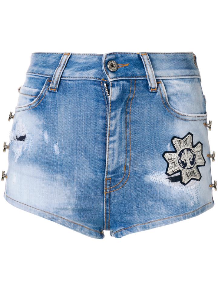 Just Cavalli Embroidered Patch Distressed Denim Shorts - Blue