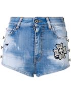 Just Cavalli Embroidered Patch Distressed Denim Shorts - Blue