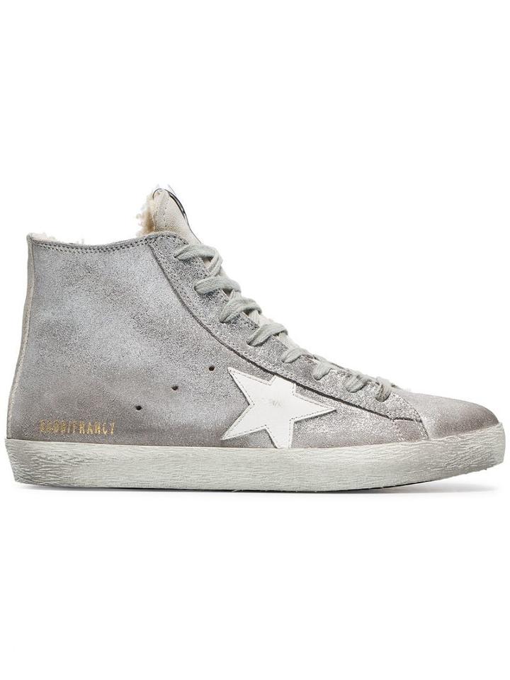 Golden Goose Silver Sheepskin Lined Suede High Top Sneakers