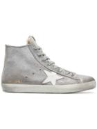 Golden Goose Silver Sheepskin Lined Suede High Top Sneakers