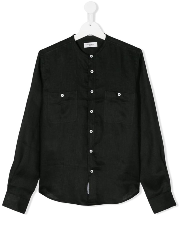 Paolo Pecora Kids Collarless Linen Shirt - Black