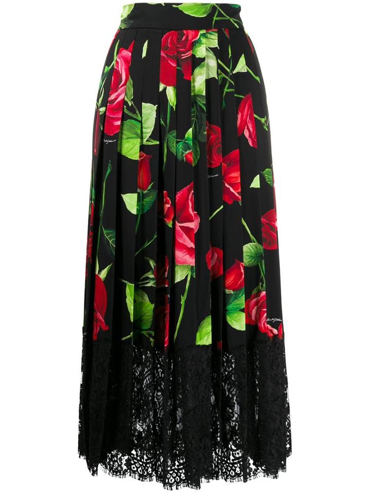 Dolce & Gabbana Rose Print Lace Insert Skirt - Black