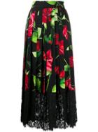 Dolce & Gabbana Rose Print Lace Insert Skirt - Black