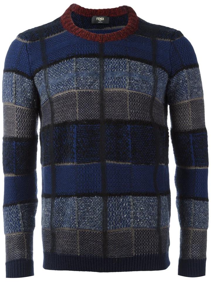 Fendi Patchwork Jumper, Men's, Size: 48, Blue, Acrylic/viscose/wool/polyimide