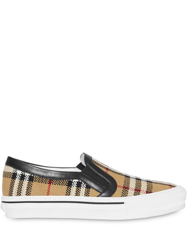 Burberry Vintage Check And Leather Slip-on Sneakers - Neutrals