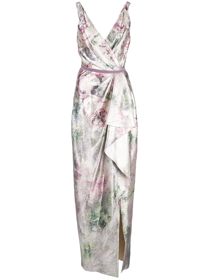Marchesa Notte Shiny Floral Print Draped Gown - Silver