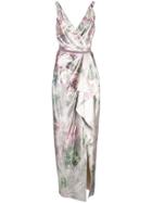 Marchesa Notte Shiny Floral Print Draped Gown - Silver
